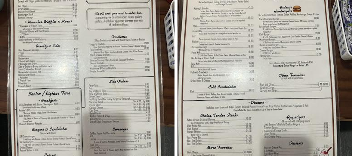Audrey's Restaurant Menu